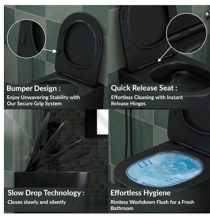 Bassino Full Matt Black Wall Hung Toilet – Rimless WC with UF Seat Cover | 20.5 x 13.5 x 14 Inches