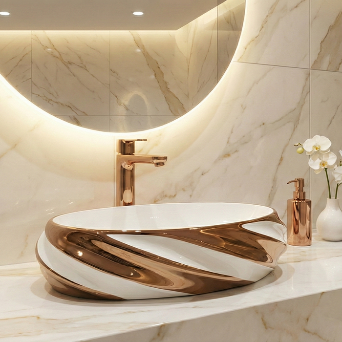 Luxury Oval Table Top Wash Basin | Glossy White Basin with Rose Gold Design (21″ × 13″ × 6″ IN) BTT-11717