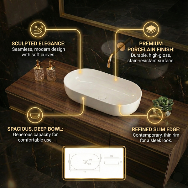 Premium Ceramic Table Top Basin (STANZA 610x330x130mm)