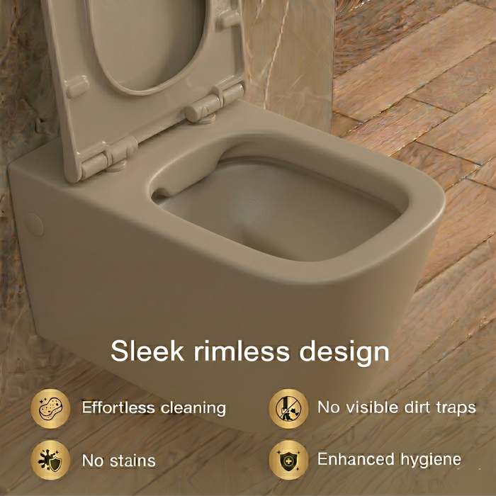 Bassino Wall Hung Toilet (21 x 13 x 14 Inches) – Matte Beige Rimless WC with Tornado Flushing | Modern Bathroom Toilet