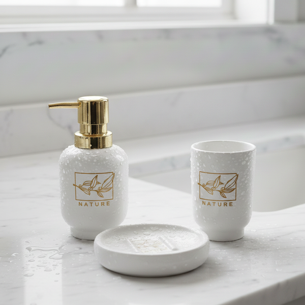 Ceramic 3-Piece Bathroom Accessory Set – Premium Gold Print Series White