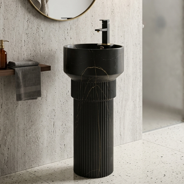 BASSINO Designer Pedestal Basin – 16″ x 17″ x 33″ In, Luxury Floor Standing Black Marble Finish Wash Basin