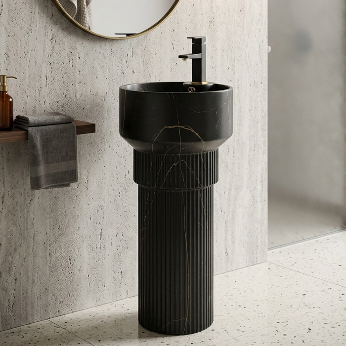 BASSINO Designer Pedestal Basin – 16″ x 17″ x 33″ In, Luxury Floor Standing Black Marble Finish Wash Basin