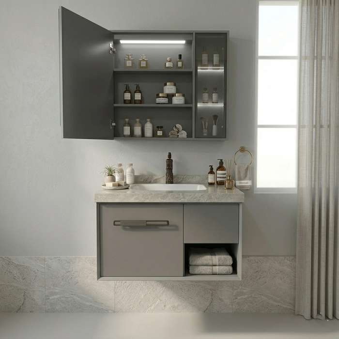 BASSINO Bathroom Vanity Cabinet Set – 32″ Plywood Vanity with Rock Slate Seamless Basin & 30″ LED Mirror Cabinet