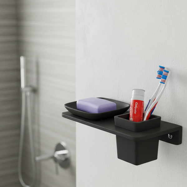 BASSINO Stylist Soap Dish Holder With Tumbler Holder-Glossy Black