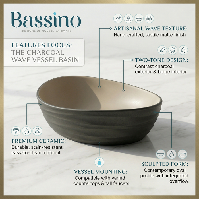 Premium Designer Ceramic Table Top Wash Basin, Dual Color Matt (22 x 14 x 6.5 In) Black
