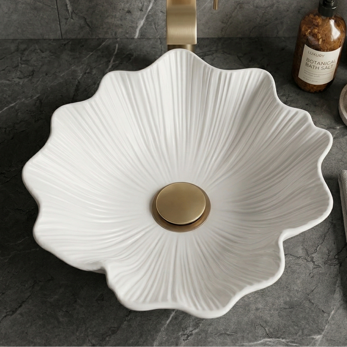 BASSINO Designer Artificial Table Top Basin – 18" Luxury Shell Shape Countertop Wash Basin