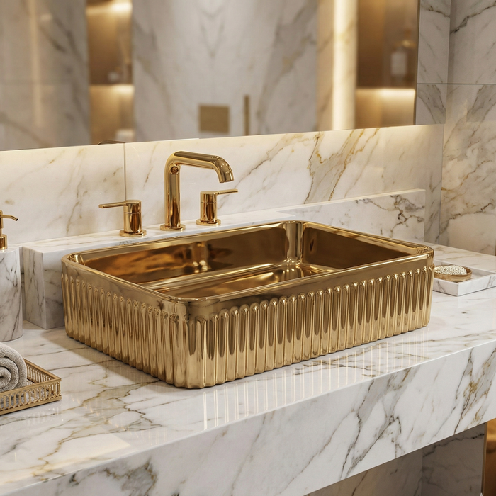 Luxury Rose Gold Countertop Wash Basin | Designer Rectangular Table Top Basin | (19" × 13" × 4" In)