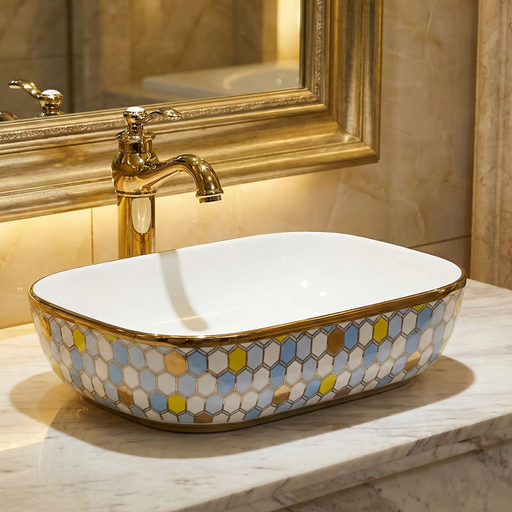 Bathroom sink with mosaic pattern and gold faucet in a decorated bathroom setting