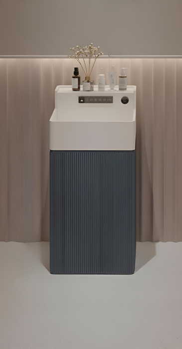 Bassino Artificial Stone Rectangle Pedestal Basin – White Marble & Blue Wooden Texture | 41×41×86 cm (16×16×34 Inch)