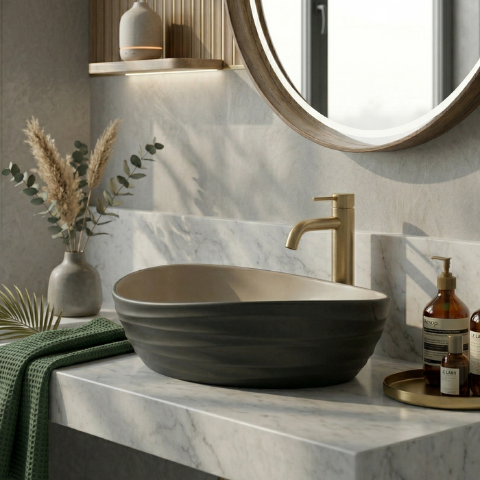 Premium Designer Ceramic Table Top Wash Basin, Dual Color Matt (22 x 14 x 6.5 In) Black