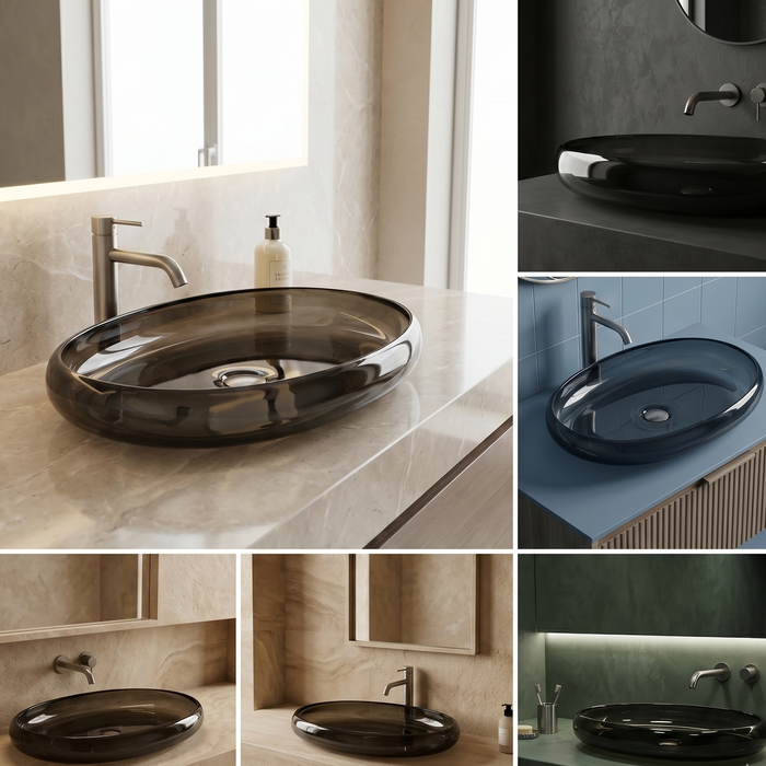Bassino Modern Transparent Resin Wash Basin | Stylish Countertop Wash Basin for Bathroom –600x400x120 mm Black