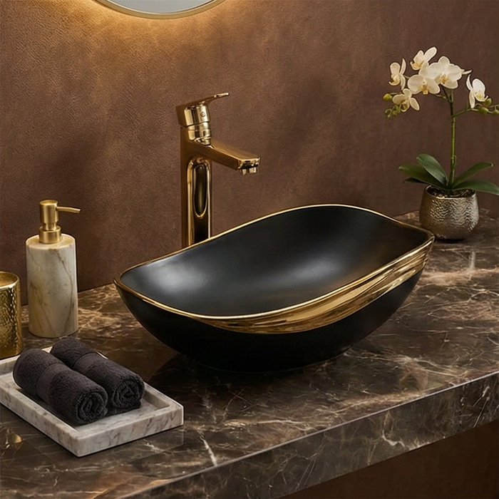 Bassino Luxury Counter Top Wash Basin in Gold & Rose Gold | Designer Table Top Basin | Approx. 20 × 14 × 6 Inches