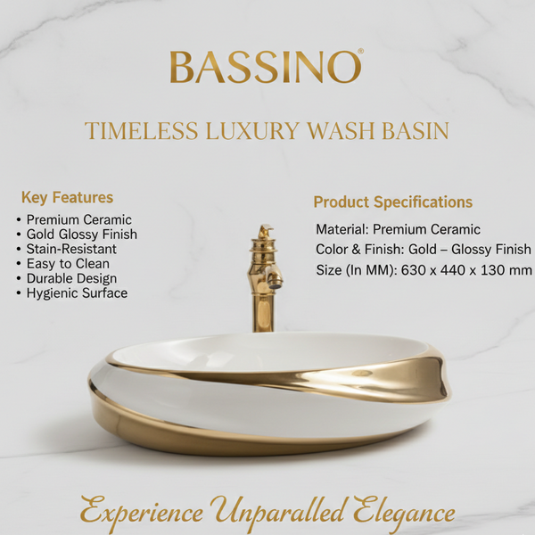 Premium Designer Ceramic Table Top Wash Basin, Gold Glossy (25 x 17.5 x 5 In) ZXTT/759