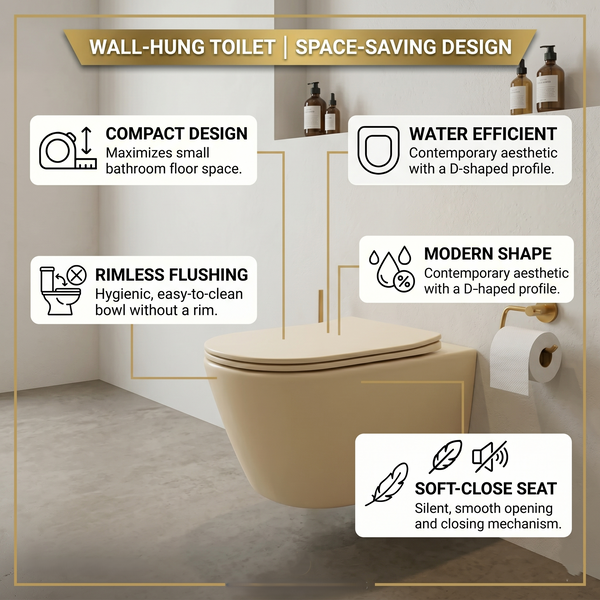 Bassino Wall Hung Toilet (21 x 13 x 14 Inches) – Matte Beige Rimless WC with Tornado Flushing | Modern Bathroom Toilet