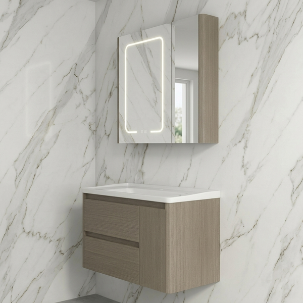 BASSINO Bathroom Vanity Cabinet Set – 32″ Carbon Fiber Vanity with Ceramic Basin & 31″ LED Mirror Cabinet