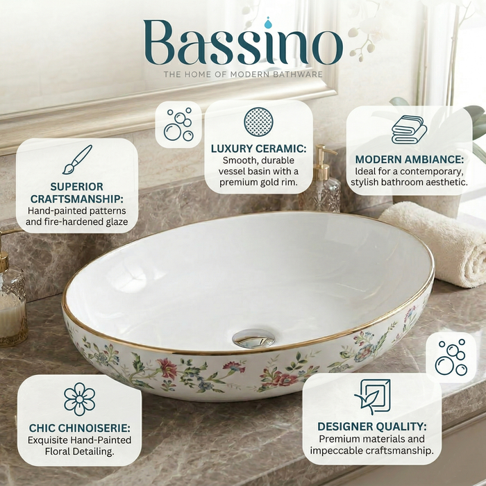 BASSINO Designer Table Top Basin – 20″ Floral Pattern Countertop Wash Basin in Glossy White (Size: 20″ × 15″ × 5″)