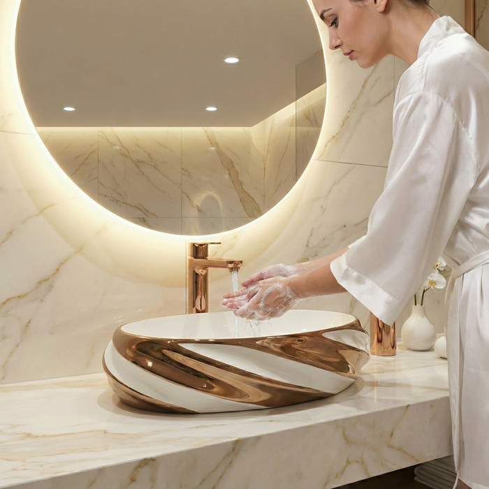 Luxury Oval Table Top Wash Basin | Glossy White Basin with Rose Gold Design (21″ × 13″ × 6″ IN) BTT-11717