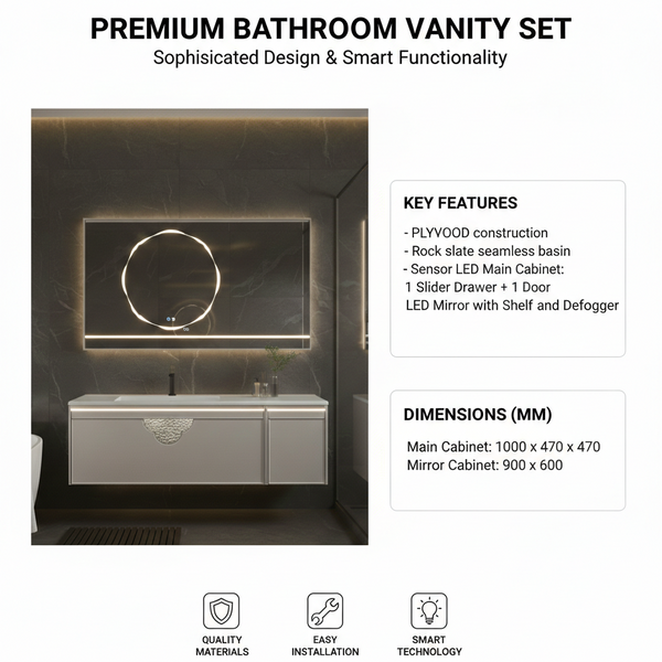 Sensor LED Bathroom Cabinet with Ceramic Basin & LED Mirror (Shelf + Defogger) 1000mm