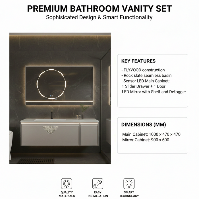 Sensor LED Bathroom Cabinet with Ceramic Basin & LED Mirror (Shelf + Defogger) 1000mm