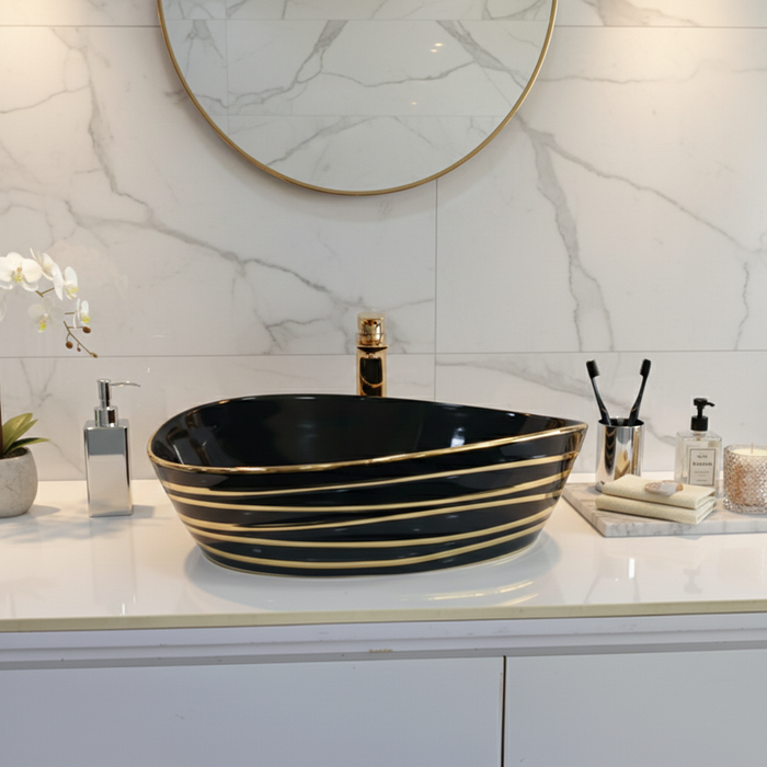 Premium Designer Ceramic Table Top Wash Basin, Black, Gold & Rose Gold Finish (22 x 14 x 6.5 In)