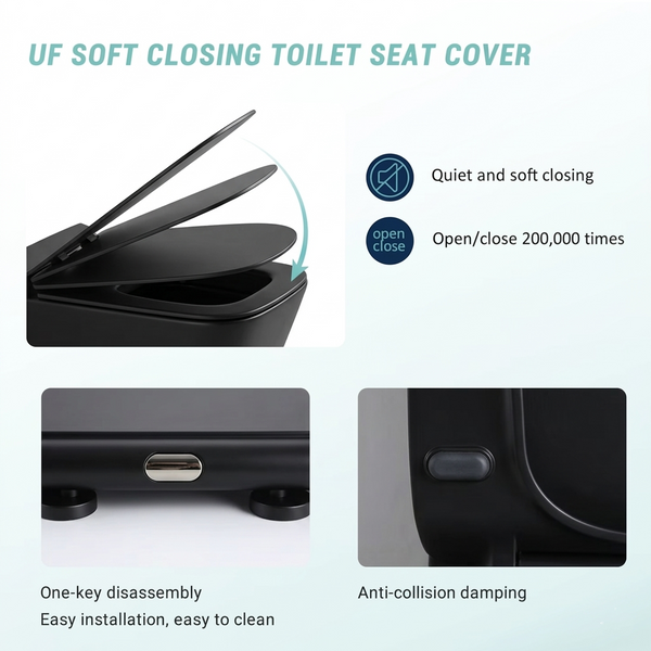 Bassino Full Matt Black Wall Hung Toilet – Rimless WC with UF Seat Cover | 20.5 x 13.5 x 14 Inches