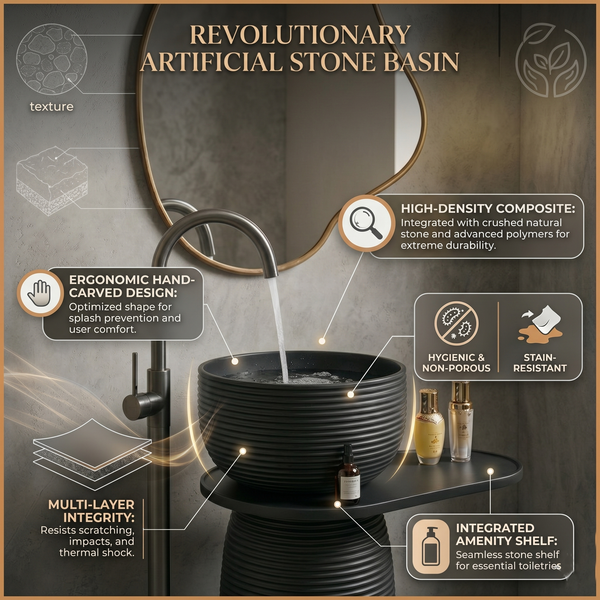 Luxury Pedestal Wash Basin with Side Shelf | Artificial Stone Freestanding Basin - 24″ × 16″ × 34″ In Black