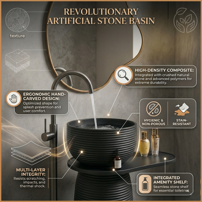 Luxury Pedestal Wash Basin with Side Shelf | Artificial Stone Freestanding Basin - 24″ × 16″ × 34″ In Black