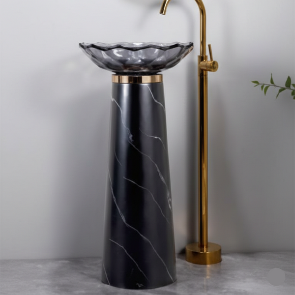 Glass Pedestal Wash Basin,size-16x16x34 Inch Black Marquina