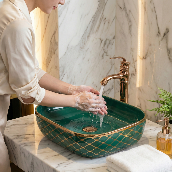 Luxury Green & Gold Countertop Wash Basin | Designer Table Top Basin (18" × 13" × 5" IN)