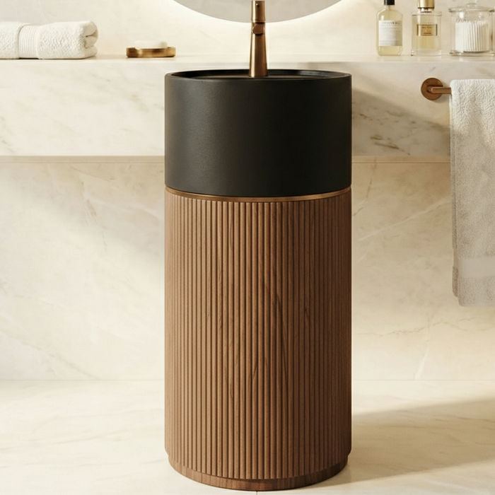 Luxury Artificial Pedestal Basin with Wooden Finish | Designer Freestanding Wash Basin | 19 × 19 × 37 In