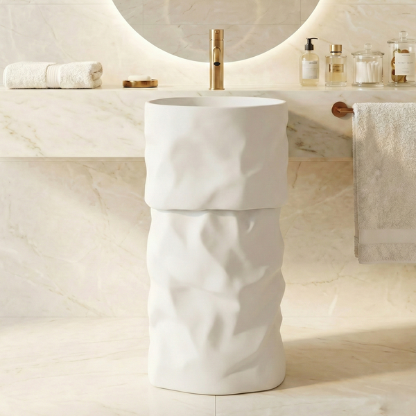Luxury Sculpted Artificial Pedestal Basin | Designer Freestanding Wash Basin | 20 × 20 × 36 In - ZXPB/67