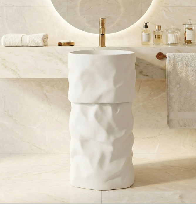 Luxury Sculpted Artificial Pedestal Basin | Designer Freestanding Wash Basin | 20 × 20 × 36 In - ZXPB/67