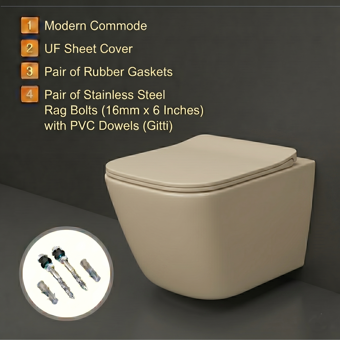 Bassino Wall Hung Toilet (21 x 13 x 14 Inches) – Matte Beige Rimless WC with Tornado Flushing | Modern Bathroom Toilet