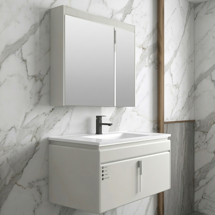 BASSINO Bathroom Vanity Cabinet Set – 40″ Plywood Vanity with Ceramic Basin & 37″ LED Mirror Cabinet