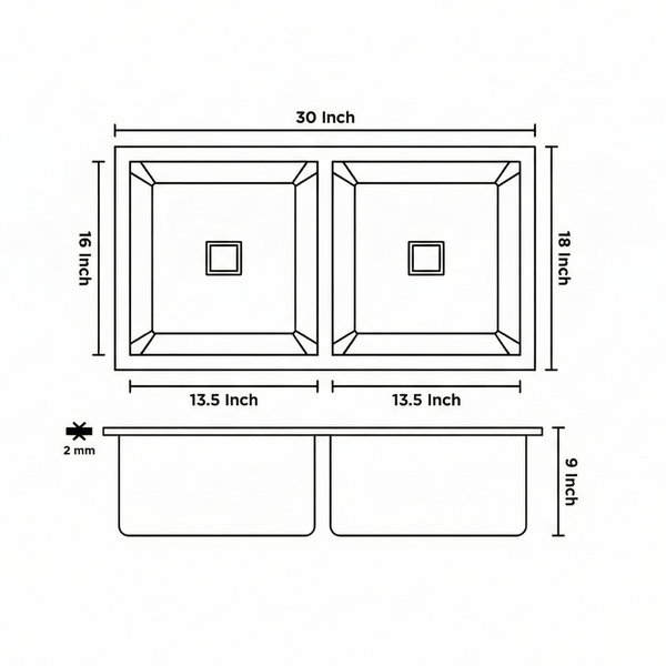 Premium SS 304 Grade Double Equal Bowl Kitchen Sink, Matte Finish, 30x18x9 In, 25 Years Warranty