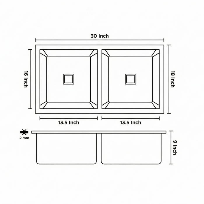 Premium SS 304 Grade Double Equal Bowl Kitchen Sink, Matte Finish, 30x18x9 In, 25 Years Warranty