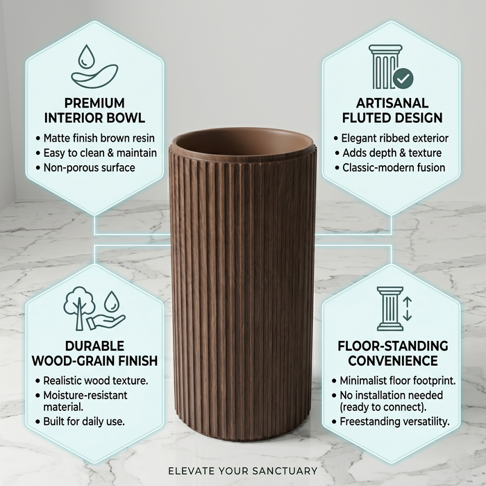 Bassino Wooden Texture Pedestal Basin – Artificial Stone (18×18×36 inch)