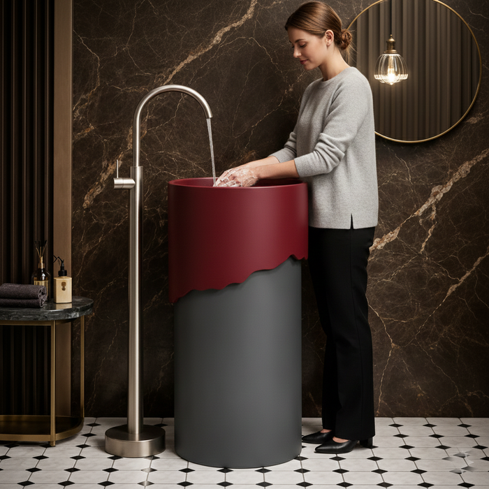 Dual-Tone Designer Pedestal Basin | Modern Artificial Stone Freestanding Wash Basin 16″ × 16″ × 34″ In