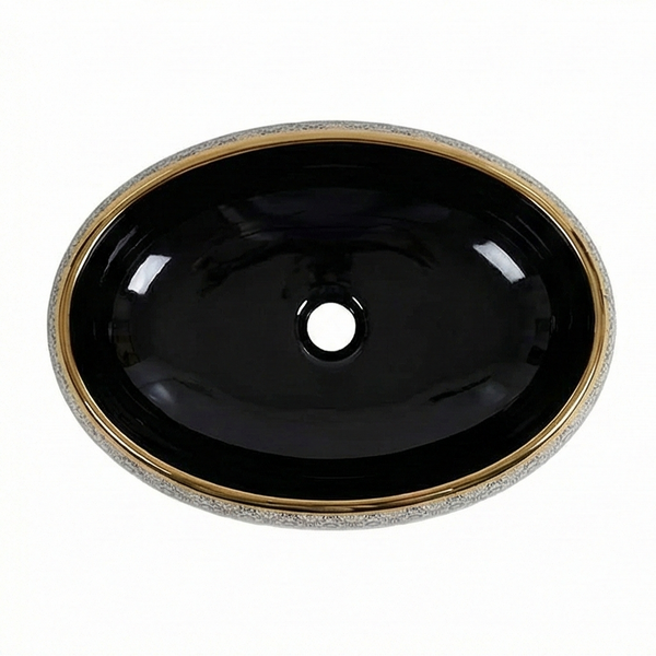 Premium Ceramic Wash Basin (Black Gloss Finish, Gold Rim & Vintage Floral Pattern 24 x 16 x 6 In - AB012)
