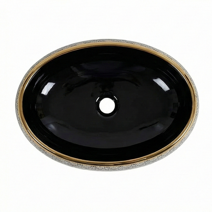 Premium Ceramic Wash Basin (Black Gloss Finish, Gold Rim & Vintage Floral Pattern 24 x 16 x 6 In - AB012)