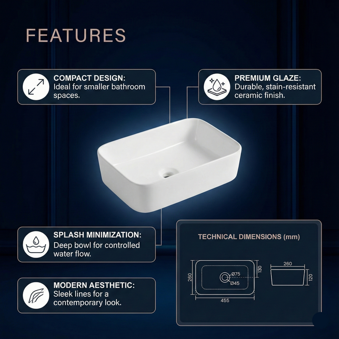 Premium Table Top Ceramic Spacious Vessel Basin CRYSTA 18" (455x260x120 mm)