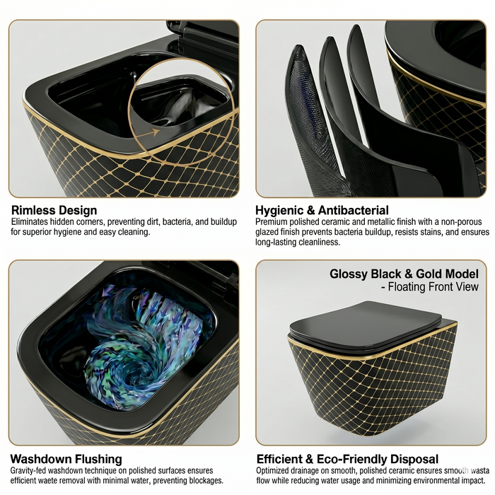 Bassino Black & Gold Designer Wall Hung Toilet – Rimless WC with UF Seat Cover | Luxury Modern Bathroom | 20.5 x 13.5 x 14 inches