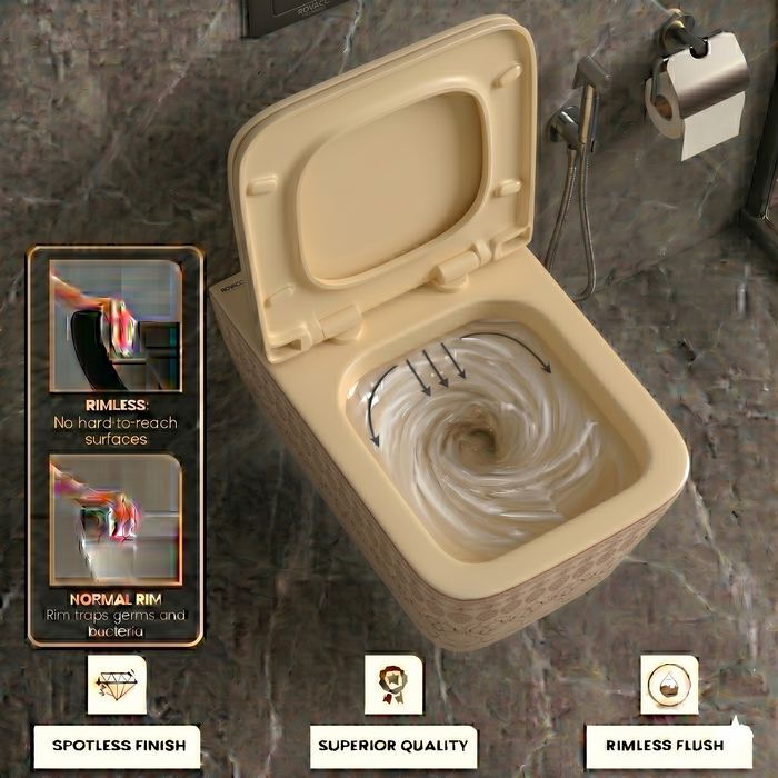 Bassino Wall Hung Toilet (21 x 13 x 14 Inches) – Satin Khakhi Moroccan Finish Rimless WC with UF Seat Cover