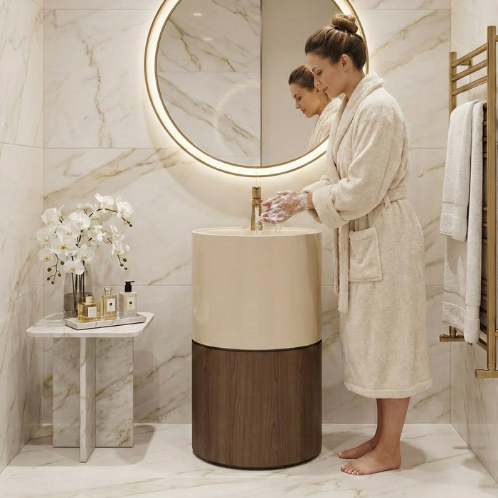 Luxury Artificial Pedestal Basin with Wooden Accent | Designer Freestanding Wash Basin | 19" × 19" × 37" In