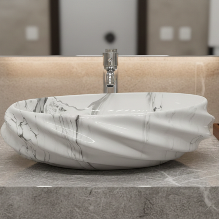 Glossy Marble Oval Countertop Wash Basin – (21" × 13" × 6" IN)