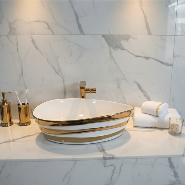 Premium Designer Ceramic Table Top Wash Basin, Black, Gold & Rose Gold Finish (22 x 14 x 6.5 In) Rose gold