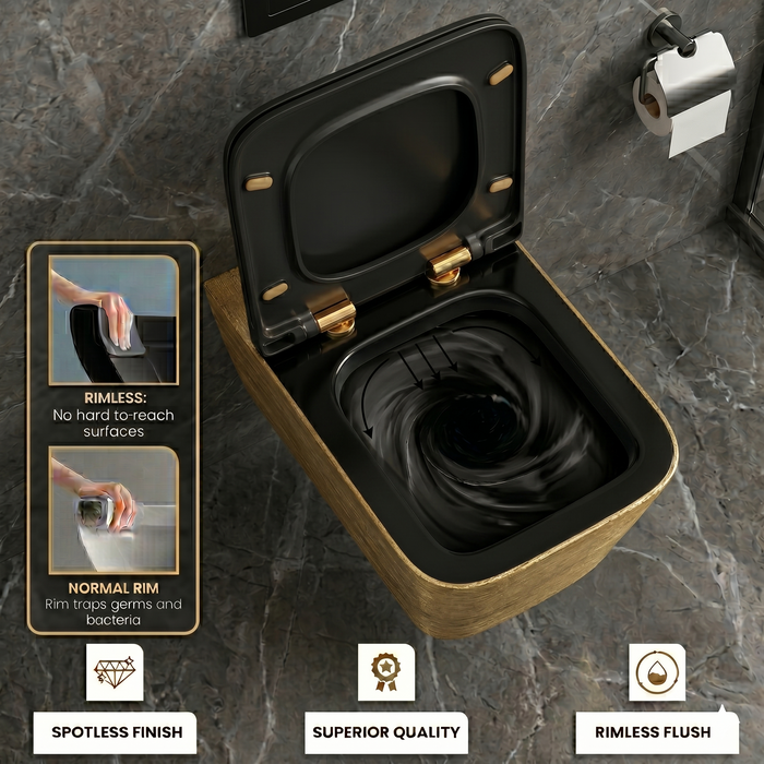 Bassino Designer Wall Hung Toilet (20 x 14 x 5 Inches) – Glossy Black Inside, Rose Gold Textured Finish