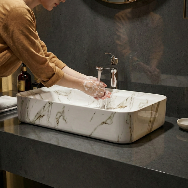Luxury Glossy Marble Countertop Wash Basin | Designer Rectangular Table Top Basin | (30" × 16" × 6" IN) White
