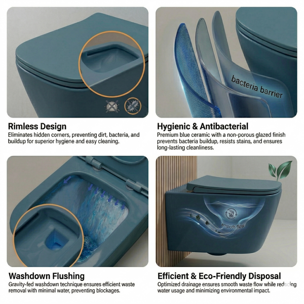 Bassino Matt Kohler Blue Wall Hung Toilet – Rimless WC with UF Seat Cover | 20.5 x 13.5 x 14 Inches